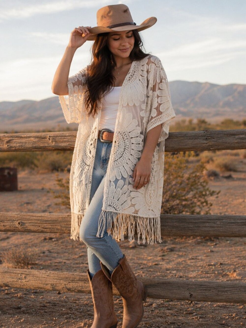 Chico's Cream Crochet Fringe Kimono Cardigan - Picture 1 of 8